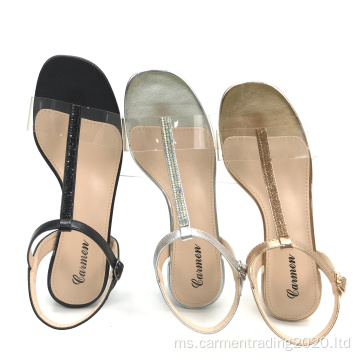 Fesyen Wanita Clear T- Strap Diamonds Pump Shoes